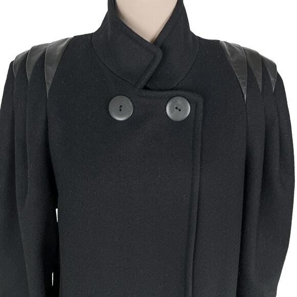Dark Navy Wool Blend Coat Size 8 Leather Accents Lined Double Breast Long Vtg - Picture 6 of 15